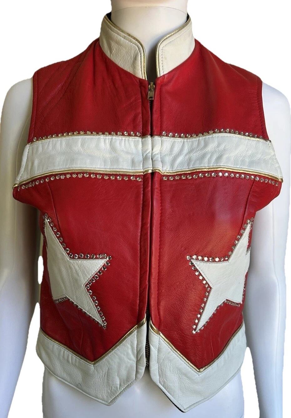 Vintage TLC USA Leather Rhinestone Star Rodeo Show Vest Red White Western M